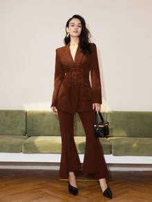 Lace Up Front Solid Blazer - Coffee Brown - View 4