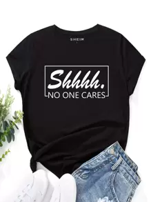 INAWLY Slogan Graphic Tee Shhhh NO ONE CARES Graphic Tees Women Tops - Black - View 1