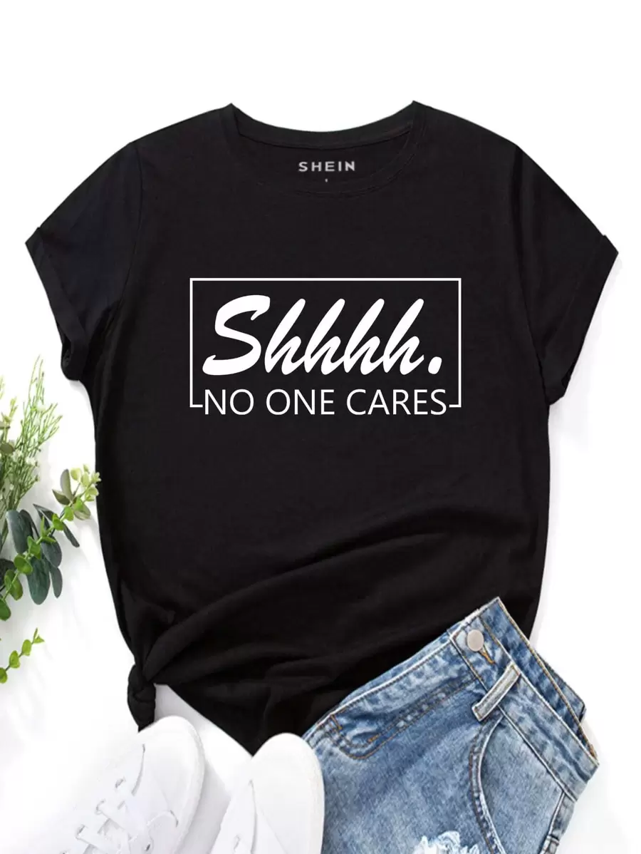 INAWLY Slogan Graphic Tee Shhhh NO ONE CARES Graphic Tees Women Tops - Black - View 1