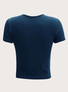 SHEIN EZwear Solid Rib-knit Tee - Navy Blue - View 2
