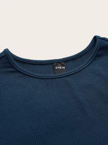 SHEIN EZwear Solid Rib-knit Tee - Navy Blue - View 3