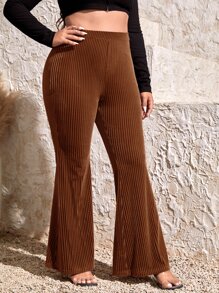 SHEIN SXY 大碼高腰羅紋針織喇叭褲 - 棕色 - 查看 1
