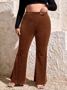 SHEIN SXY 大碼高腰羅紋針織喇叭褲 - 棕色 - 查看 5