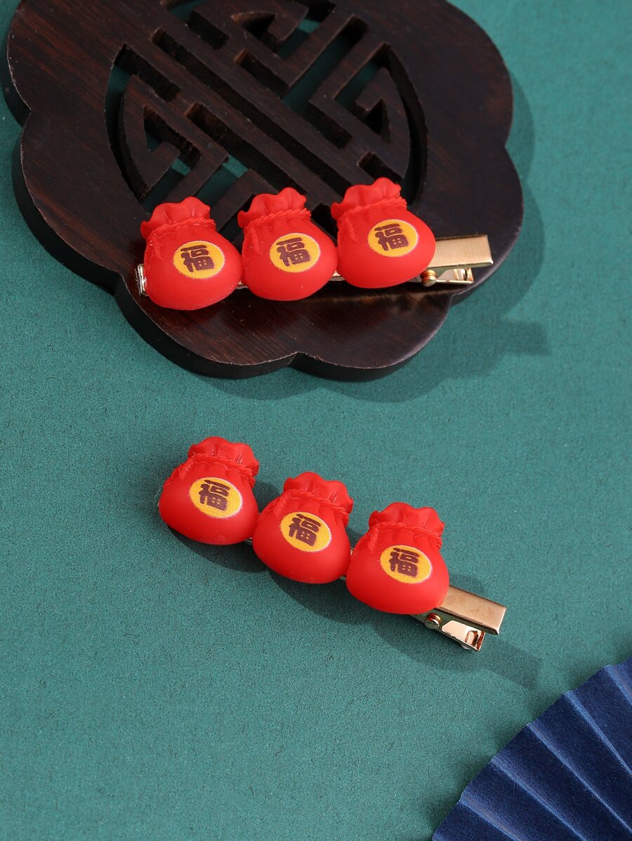 2pcs Chinese Character Pattern Blessing Bag Decor Alligator Hair Clip - Multicolor - View 1