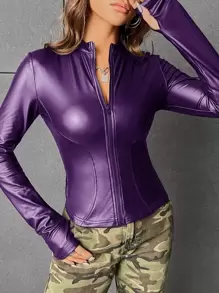 SHEIN ICON Zip Up PU Leather Jacket - Purple - View 1