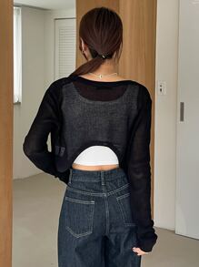 DAZY Solid Open Front Crop Cardigan - Black - View 2