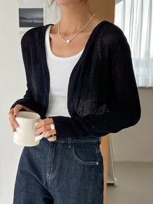 DAZY Solid Open Front Crop Cardigan - Black - View 7