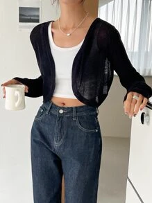 DAZY Solid Open Front Crop Cardigan - Black - View 4