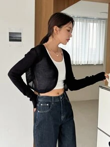 DAZY Solid Open Front Crop Cardigan - Black - View 6