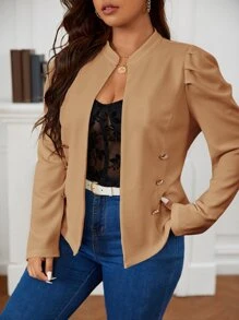SHEIN Clasi áo khoác kích thước lớn Nút đôi màu trơn Thanh lịch - Màu Khaki - Xem 4