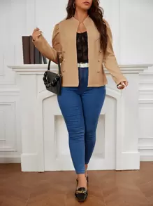 SHEIN Clasi áo khoác kích thước lớn Nút đôi màu trơn Thanh lịch - Màu Khaki - Xem 5