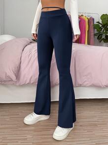 SHEIN PETITE Cut Out Waist Flare Leg Trousers - Navy Blue - View 3