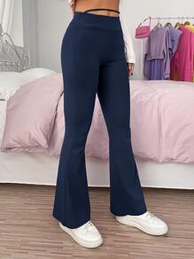 SHEIN PETITE Cut Out Waist Flare Leg Trousers - Navy Blue - View 5