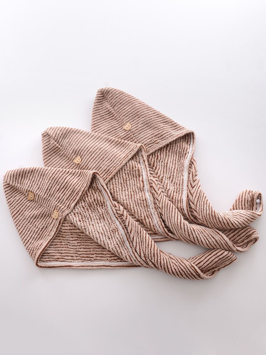 1入組條紋圖案頭髮極簡針織織物幹髮髮巾 - 咖啡棕 - 查看 1