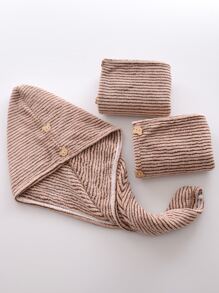 1入組條紋圖案頭髮極簡針織織物幹髮髮巾 - 咖啡棕 - 查看 5