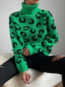 Chiquease 豹紋圖案高領落肩袖套頭毛衣 - 綠色 - 查看 5