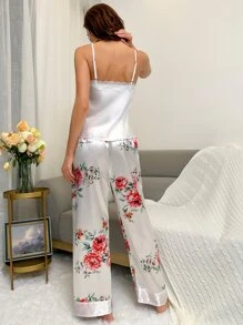 Conjunto de pijama con estampado floral con encaje en contraste de satén - Blanco - Ver 2