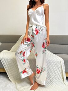 Conjunto de pijama con estampado floral con encaje en contraste de satén - Blanco - Ver 3