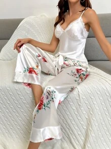 Conjunto de pijama con estampado floral con encaje en contraste de satén - Blanco - Ver 4