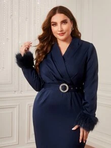 Modelyn Plus Fuzzy Cuff Lapel Collar Belted Dress - Navy Blue - View 5