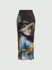 SHEIN MOD Figure Graphic Lettuce Trim Mesh Skirt - Multicolor - View 1