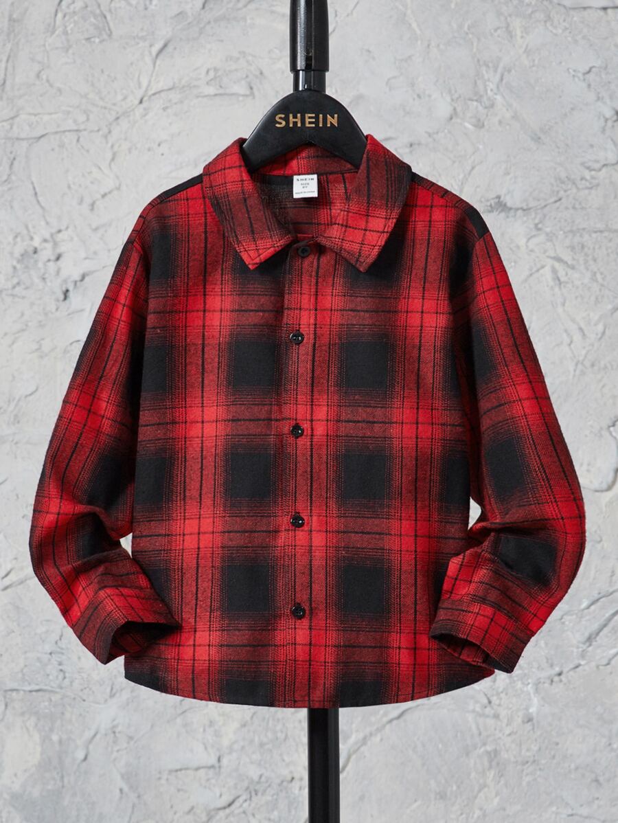 SHEIN 男孩格紋印花襯衫