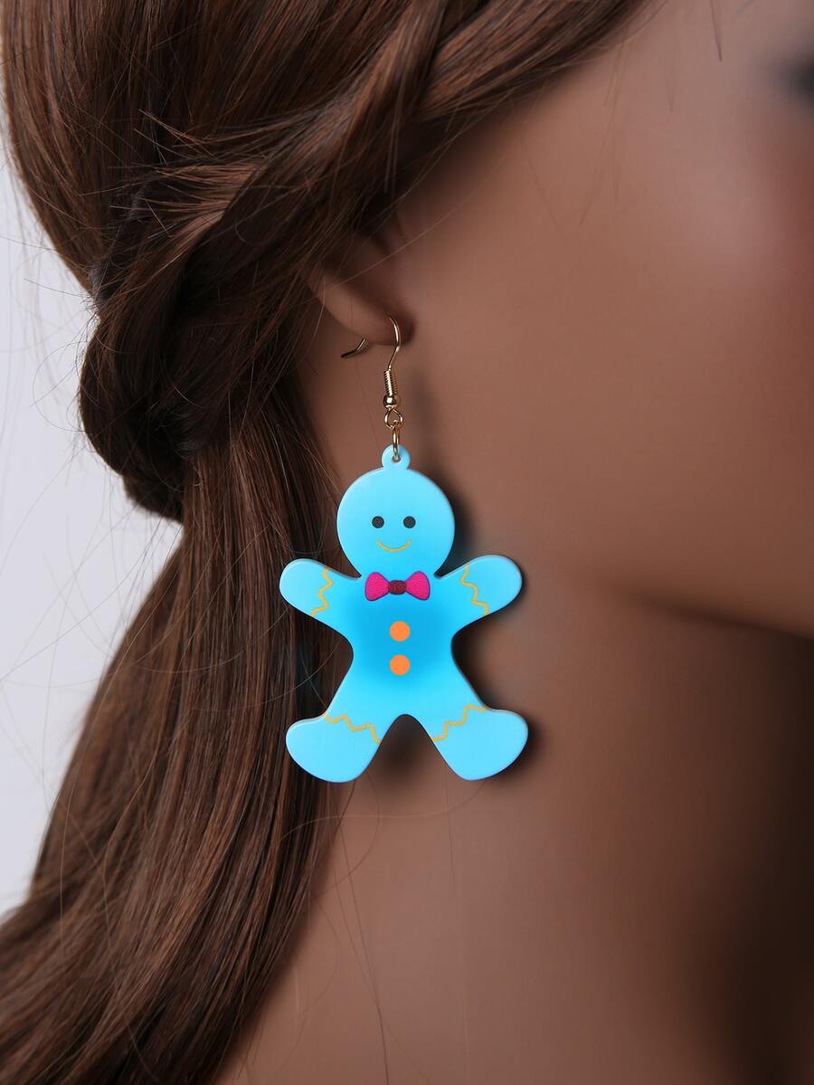 Pendientes largos Navidad hombre de pan de jengibre - Azul - Ver 1