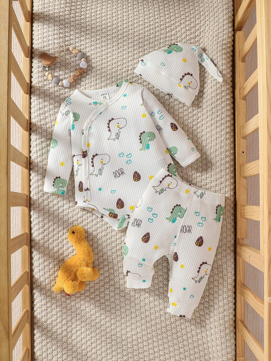 SHEIN 男婴童恐龍印花連體衣和褲子 - 白色 - 查看 1