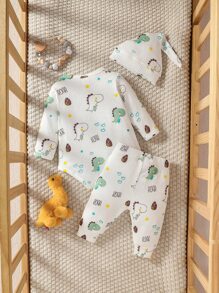 SHEIN 男婴童恐龍印花連體衣和褲子 - 白色 - 查看 2