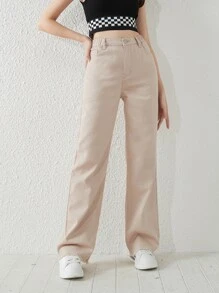Teen Girls Solid Raw Hem Straight Leg Jeans - Apricot - View 4