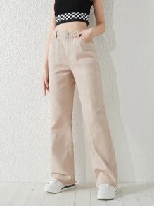 Teen Girls Solid Raw Hem Straight Leg Jeans - Apricot - View 5
