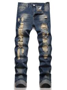 Quần Jeans Skinny Nam Rách Rách Hình Mèo - Rửa tối - Xem 1