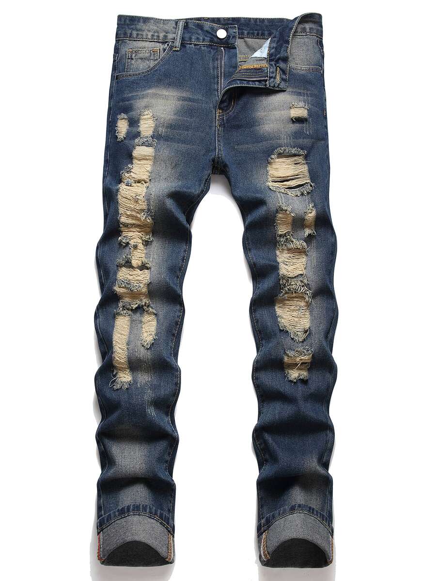 Quần Jeans Skinny Nam Rách Rách Hình Mèo - Rửa tối - Xem 1