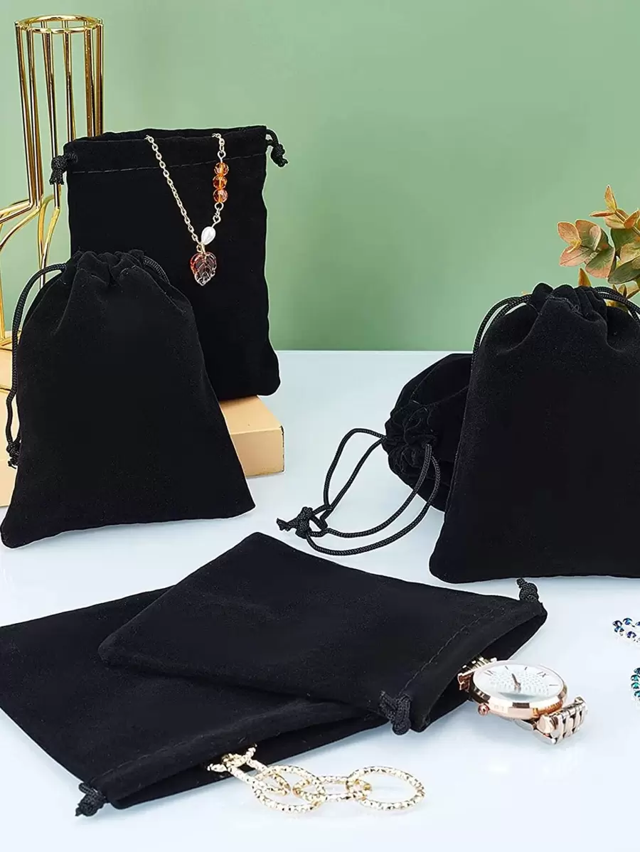 5pcs Drawstring Design Jewelry Storage Bag, Black Small Jewelry Pouch For Outdoor Back To School