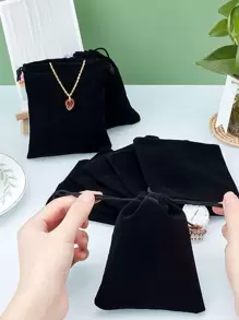 5pcs Drawstring Design Jewelry Storage Bag, Black Small Jewelry Pouch For Outdoor Back To School