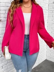 Plus Lapel Neck Open Front Belted Blazer - Hot Pink - View 1