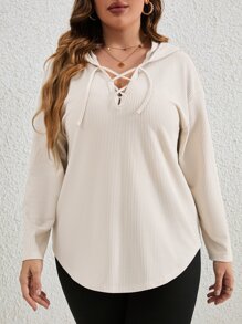 Calvaya Plus Lace Up Front Drop Shoulder Curved Hem Hooded Sweatshirt - Beige - View 4