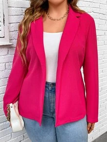 Plus Lapel Neck Open Front Belted Blazer - Hot Pink - View 5