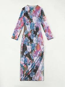 SHEIN Swim Cover up con estampado floral de muslo con abertura - Multicolor - Ver 5