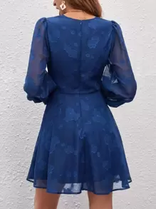 SHEIN Frenchy 花卉圖案提花燈籠袖前紐扣連衣裙 - 藍色 - 查看 2