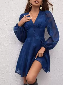 SHEIN Frenchy 花卉圖案提花燈籠袖前紐扣連衣裙 - 藍色 - 查看 3