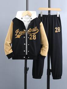 SHEIN Boys Letter Graphic Colourblock Bomber Jacket & Joggers Without Hoodie - Black - View 1