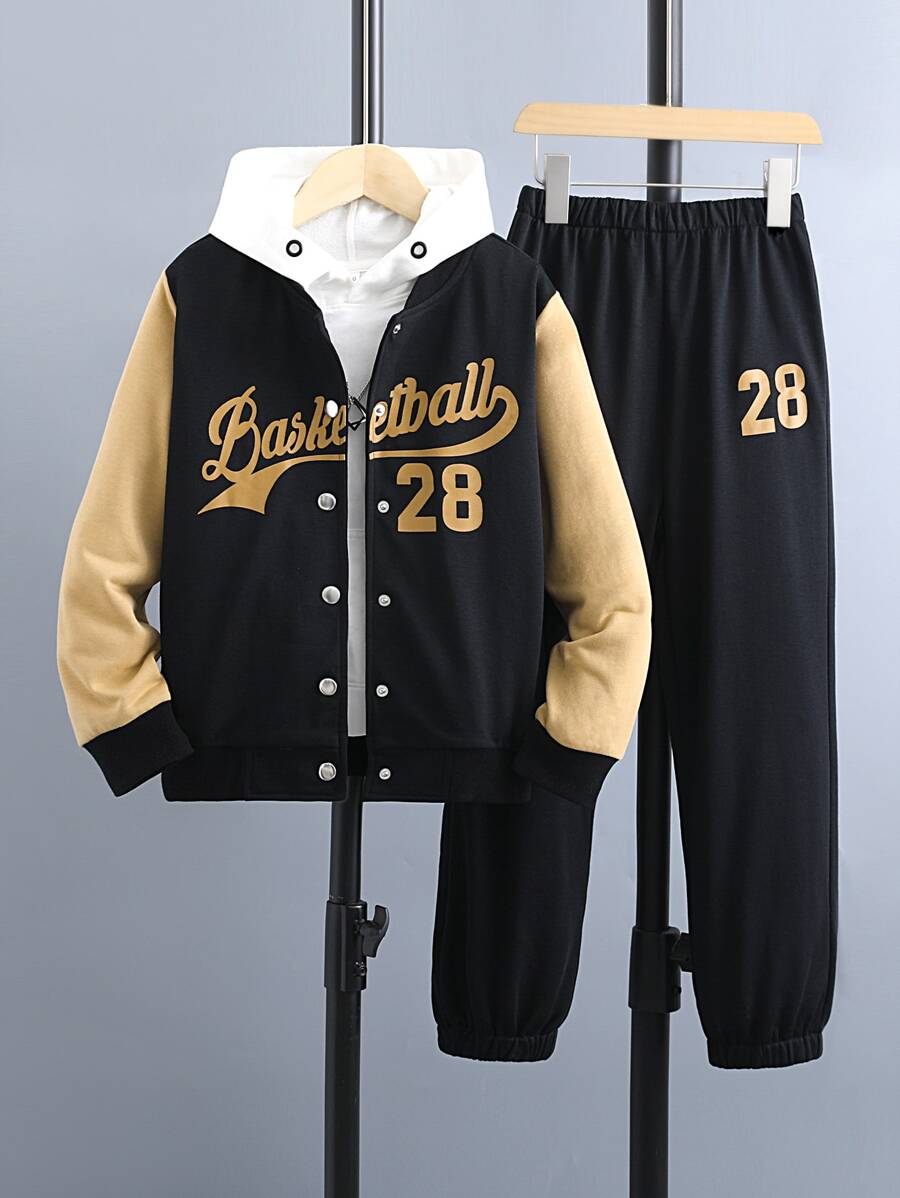 SHEIN Boys Letter Graphic Colourblock Bomber Jacket & Joggers Without Hoodie - Black - View 1