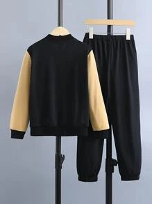 SHEIN Boys Letter Graphic Colourblock Bomber Jacket & Joggers Without Hoodie - Black - View 2