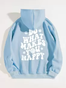SHEIN EZwear Slogan Graphic Drawstring Thermal Lined Hoodie - Baby Blue - View 1