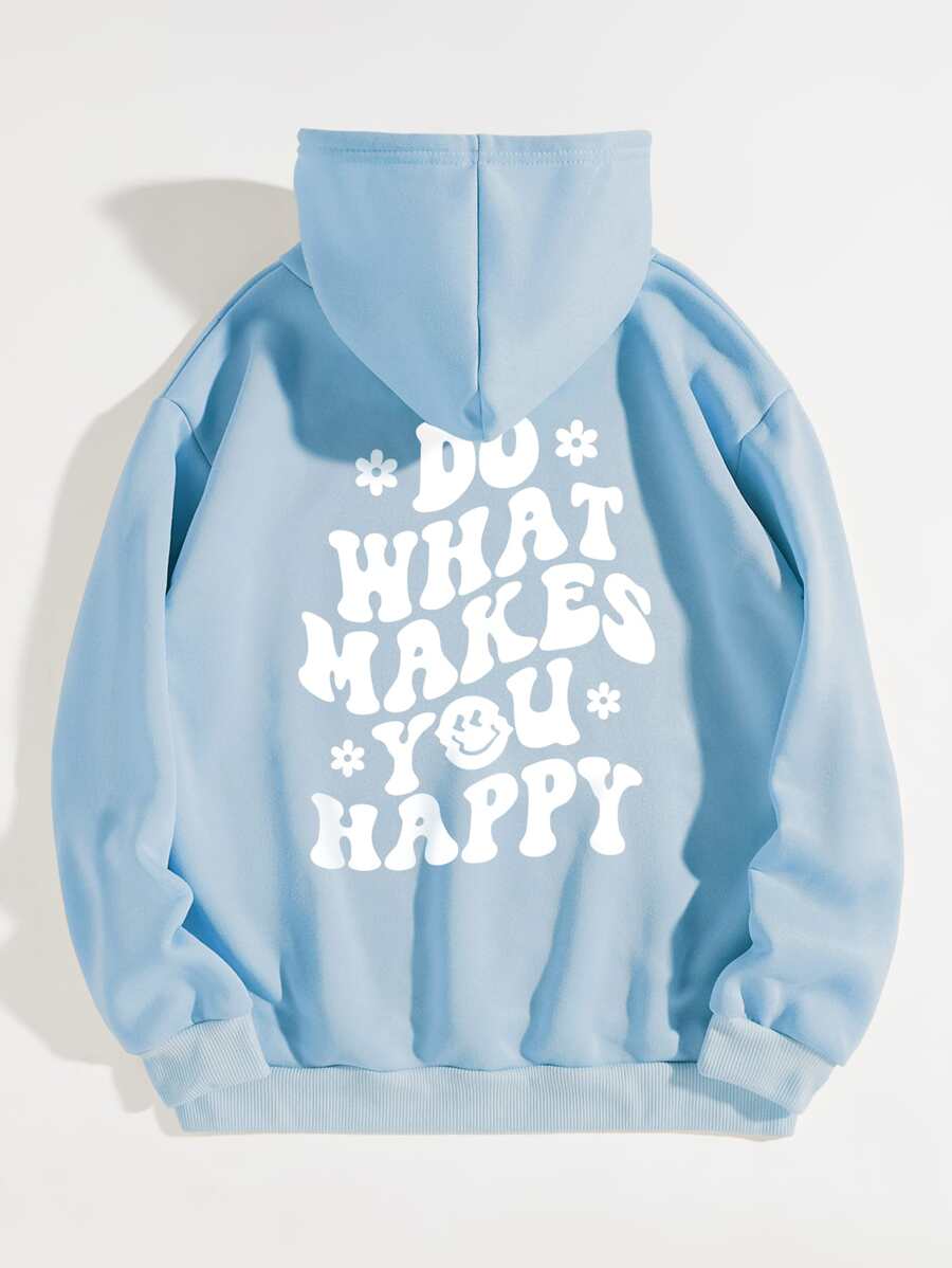 SHEIN EZwear Slogan Graphic Drawstring Thermal Lined Hoodie - Baby Blue - View 1