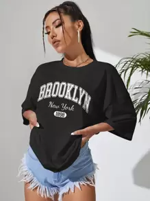 INAWLY 字母图案落肩超大 T 恤图案 T 恤女式上衣，男女通用 - 黑色 - 查看 3