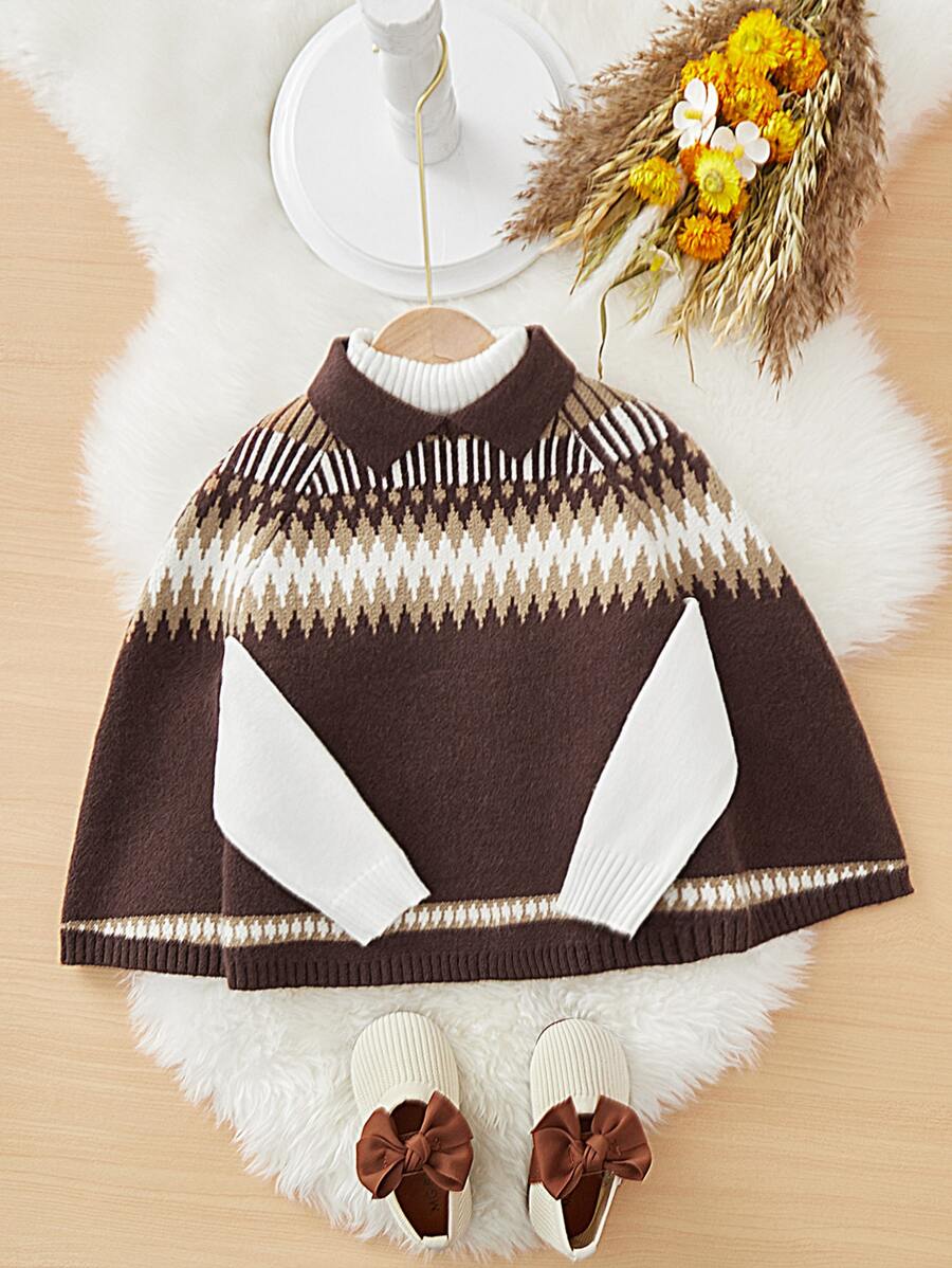 Toddler Girls 1pc Chevron Pattern Cloak Sleeve Jumper - Coffee Brown - View 1