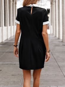 SHEIN LUNE Contrast Collar Pearls Beaded Dress - Black - View 2