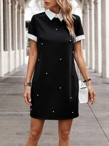 SHEIN LUNE Contrast Collar Pearls Beaded Dress - Black - View 1